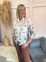 Soft Blossom Embroidered Shirt  - Green/Cream