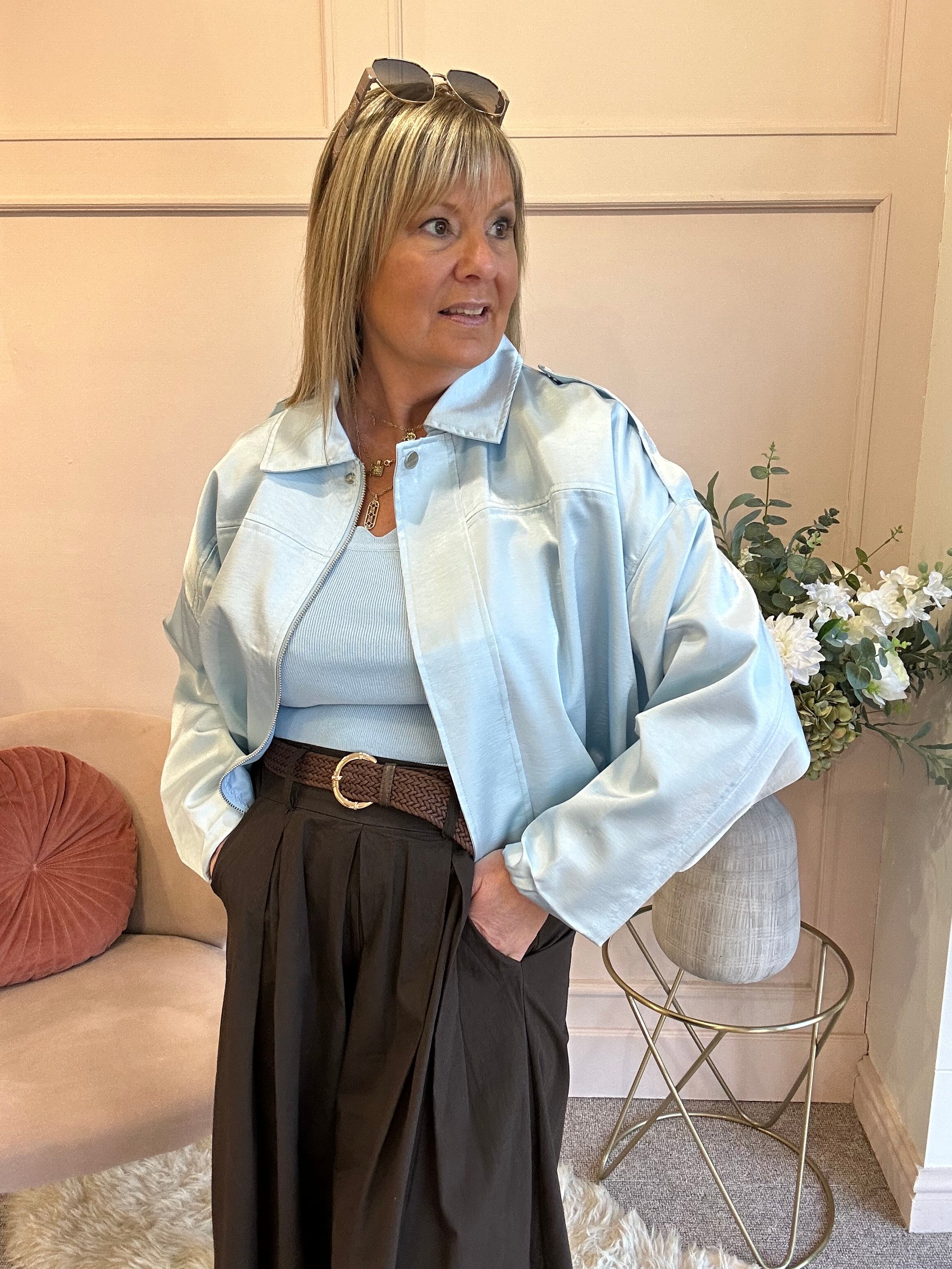 Sheer Shimmer Zipped Top - Aqua Soft Blue - Wardrobe By Simone