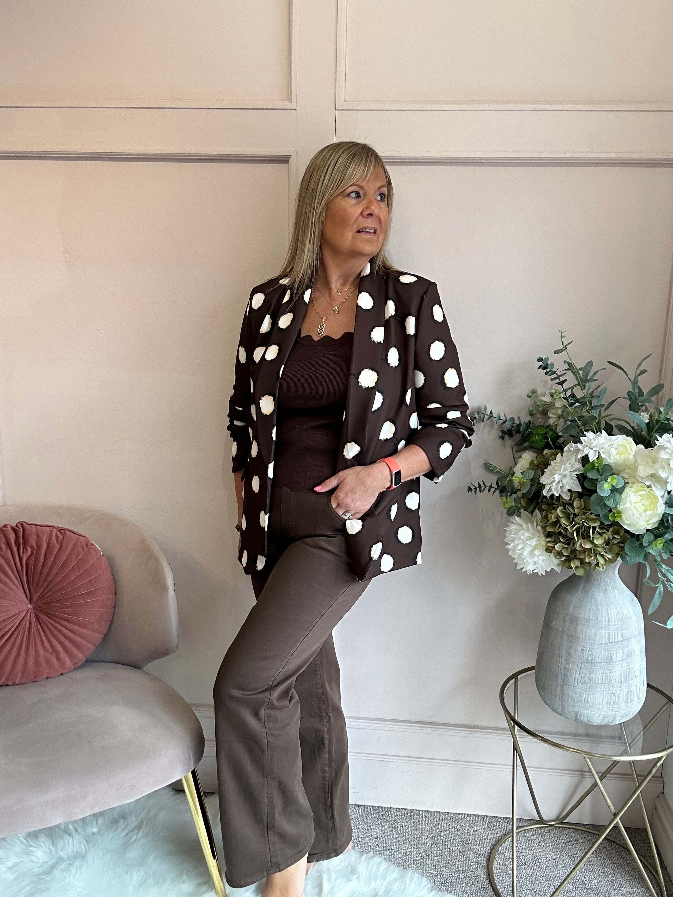 Spot & Ruched Sleeve Blazer - Brown/Cream