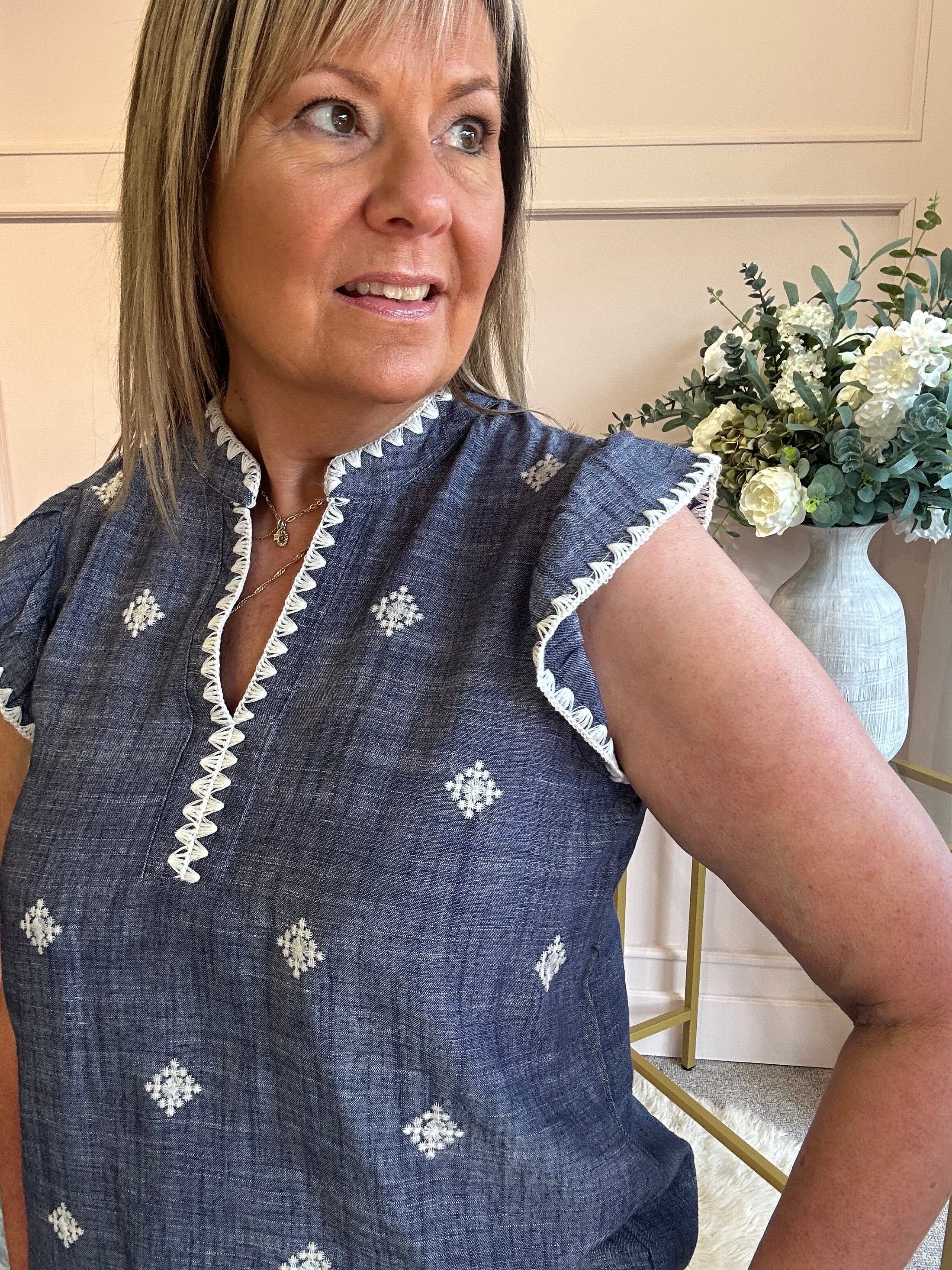 Frill Cap Sleeve Tunic Top & Pant Set - Blue - Wardrobe By Simone