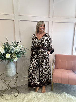 Leopard Top & Wide Pant Set - Brown/Cream