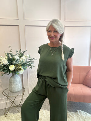 Frill Cap Sleeve Top - Khaki