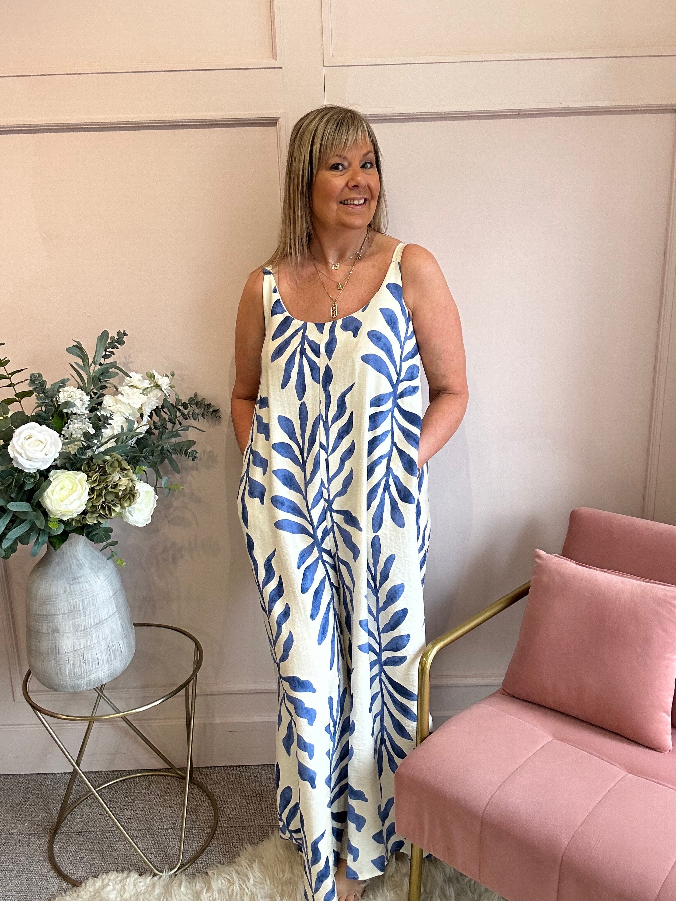Botanical Dungarees - Cream/Blue - Wardrobe By Simone