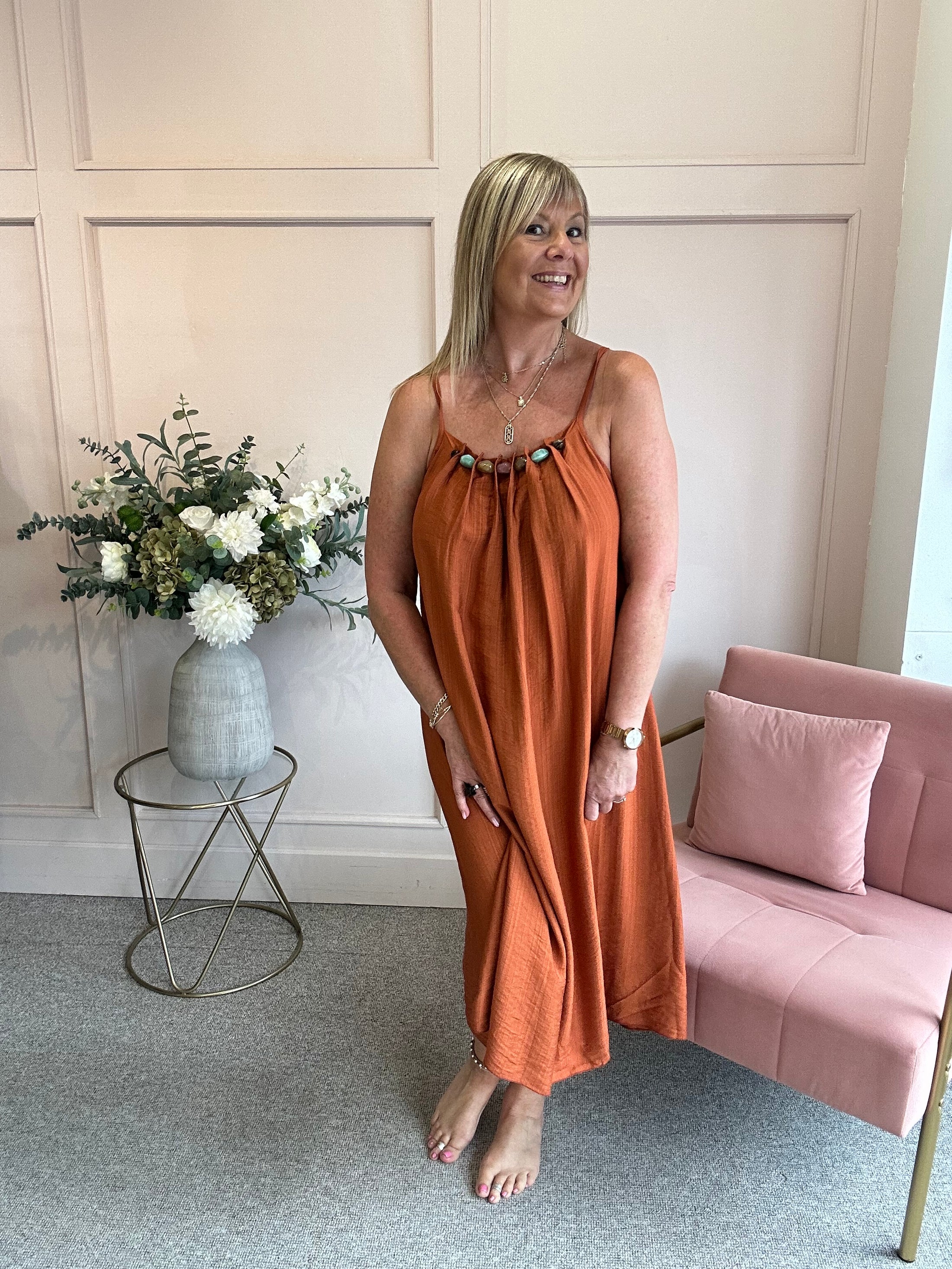 Beaded Strapy Sundress Dress - Rust
