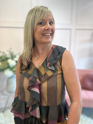 Bold Stripe Frill Edge Top - Brown/Khaki - Wardrobe By Simone