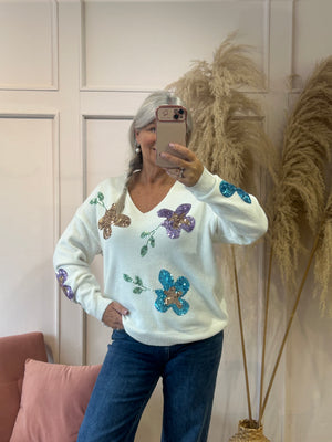 Sequin Flower Jumper - Cream/Mix