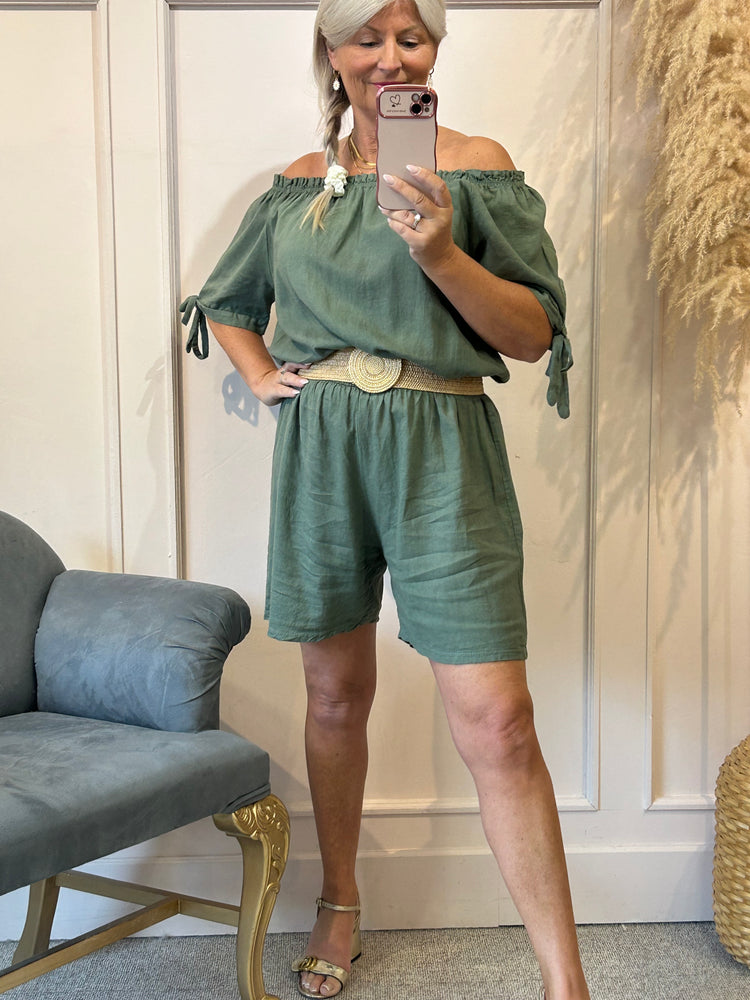 Linen Bardot Top & Shorts Playsuit - Khaki