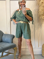 Linen Bardot Top & Shorts Playsuit - Khaki