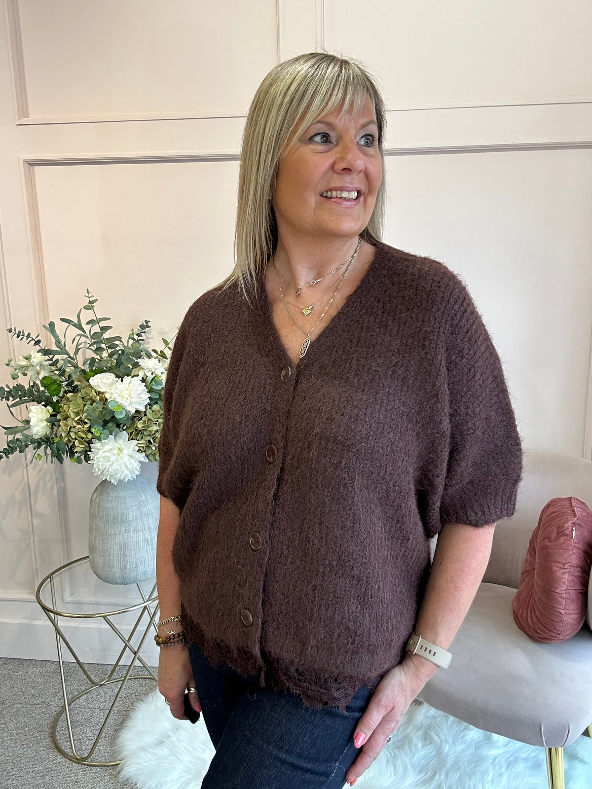 Lace Trim Cardigan - Chocolate Brown
