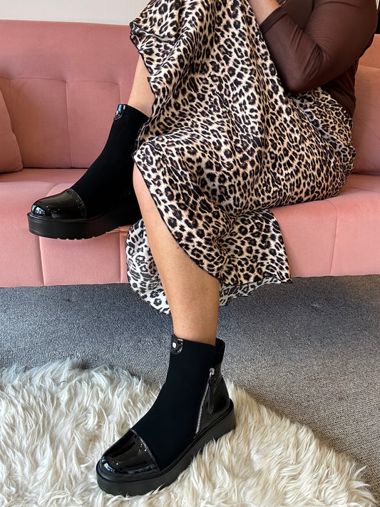 Ankle Boot = Black Paten Wedge