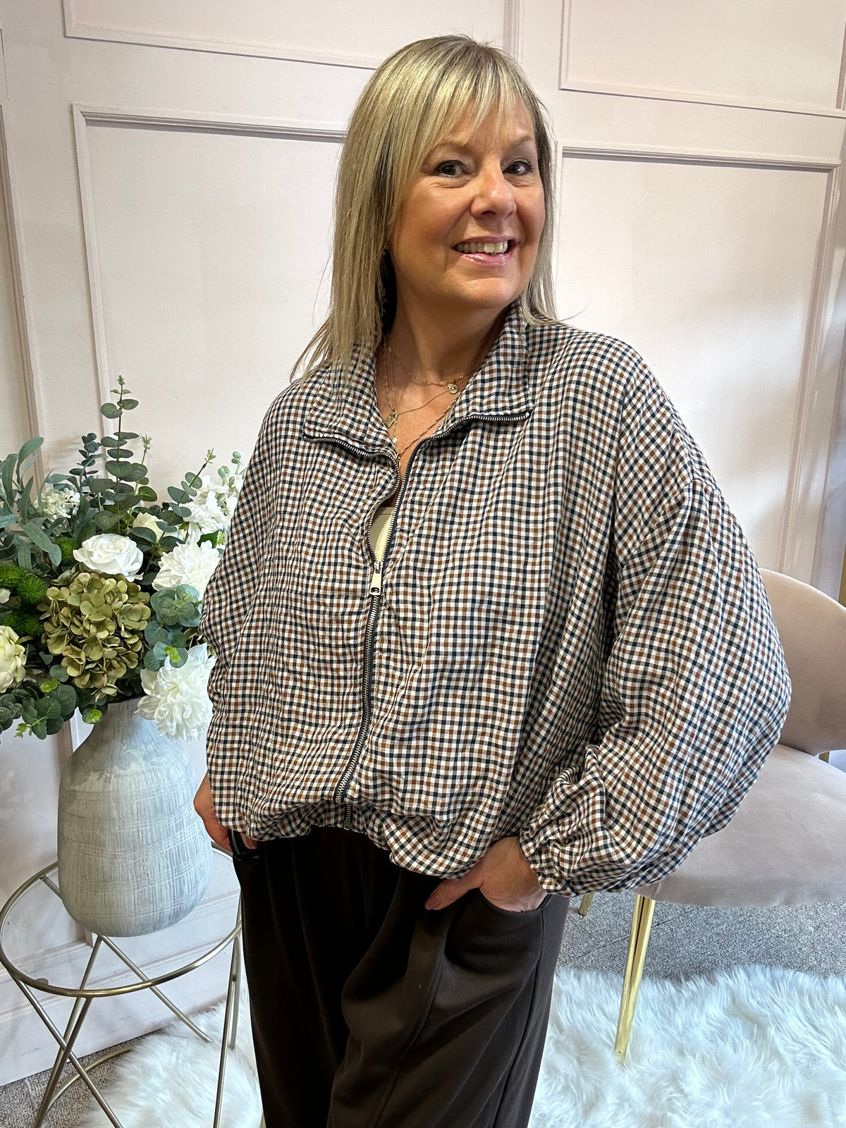 Checked Zip Jacket - Tan/Navy - Wardrobe By Simone