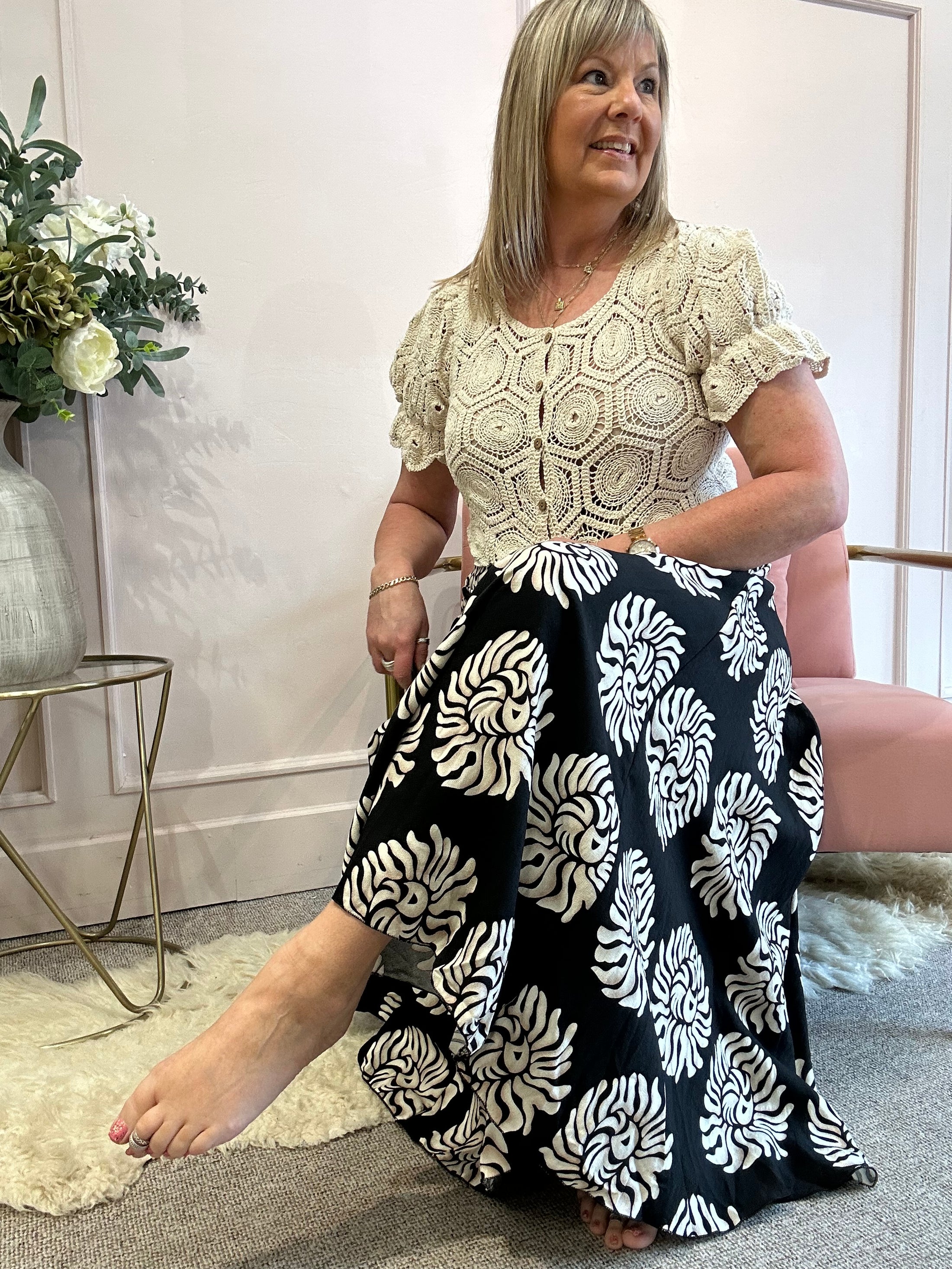 Wide Patterned Culottes Pant - Black/Cream - Wardrobe By Simone