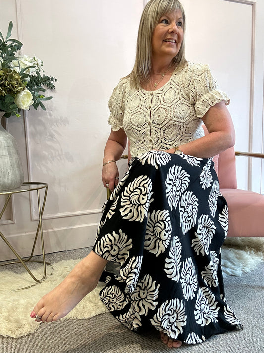 Wide Patterned Culottes Pant - Black/Cream - Wardrobe By Simone