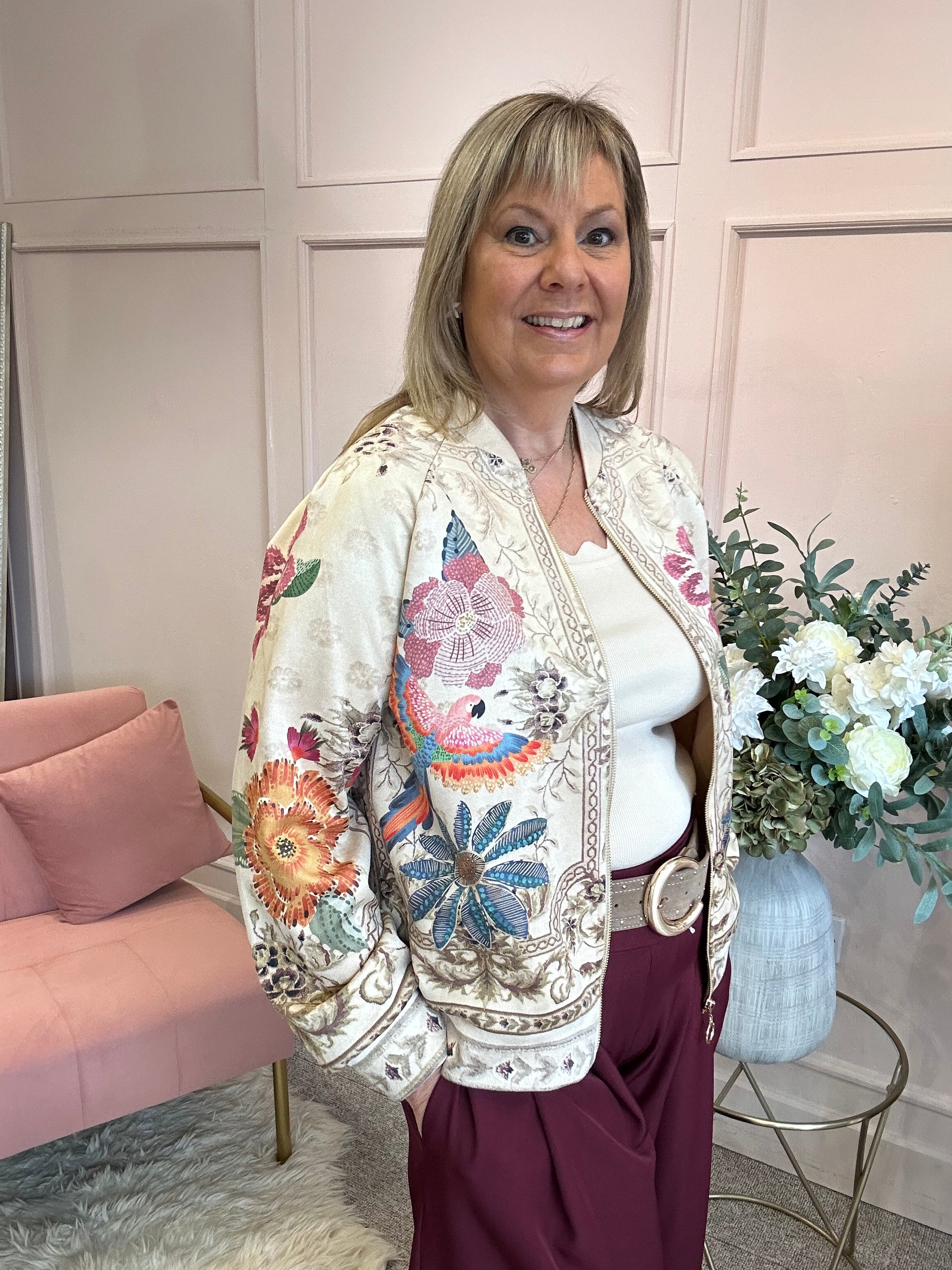 Tropical Parrot Suedette Jacket - Beige/Multi