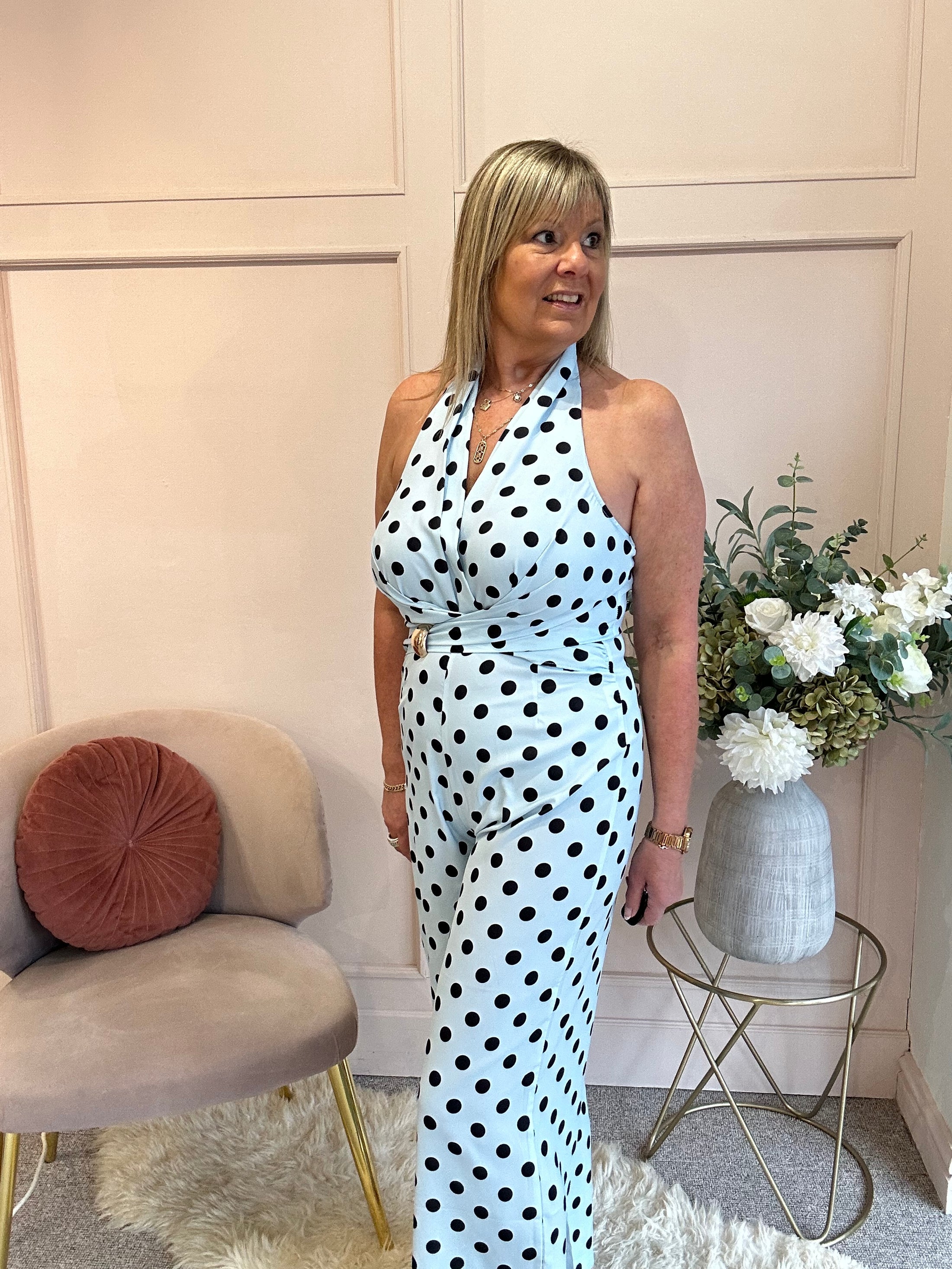 Halter Neck Polka Dot Jumpsuit - Soft Blue/Black - Wardrobe By Simone