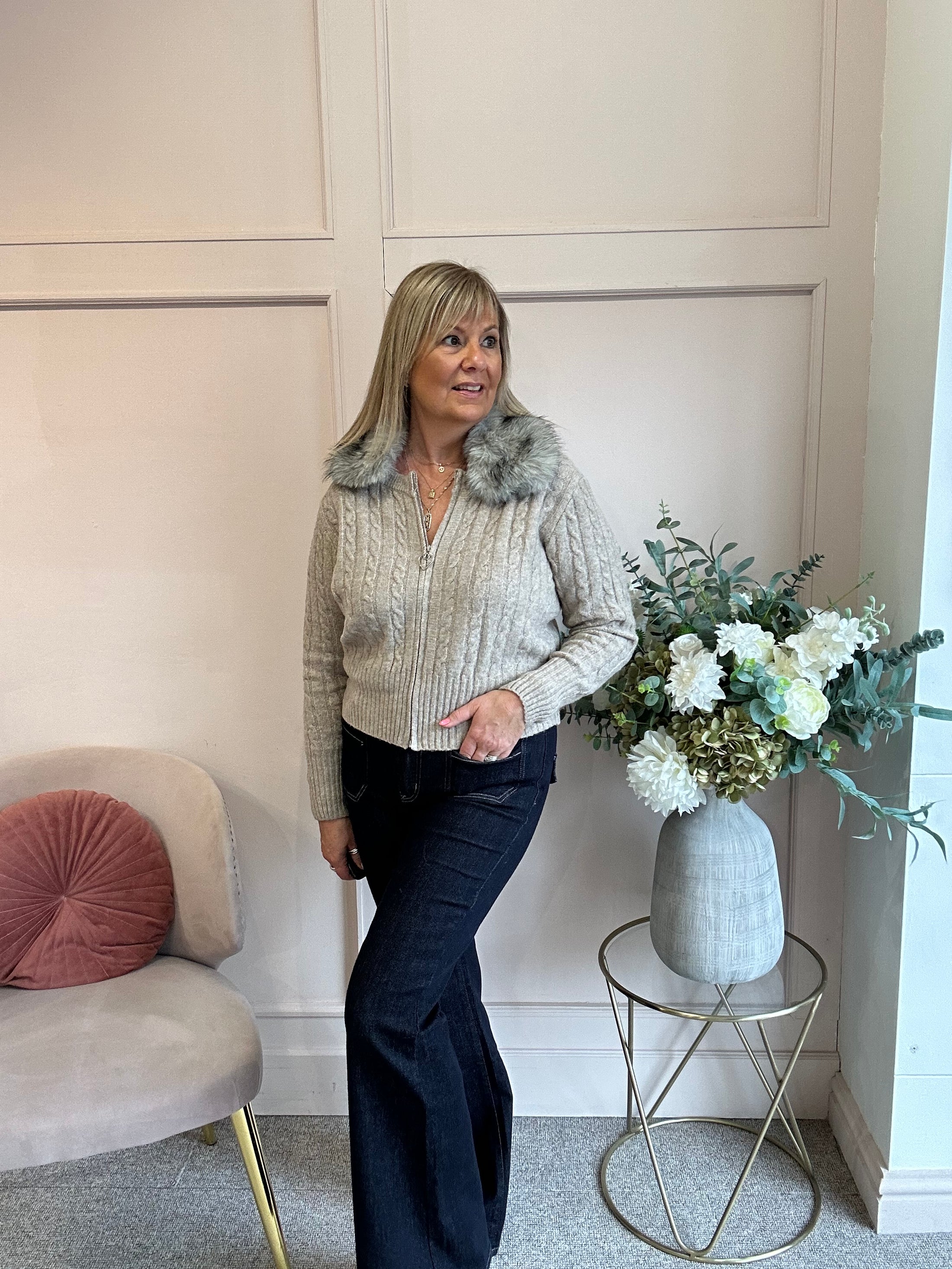 Faux Fur Collar On Zip Cardigan- Oatmeal