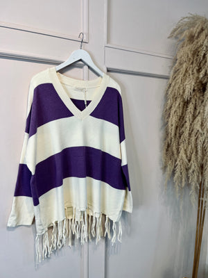 V-neck Stripe Tassel Jumper - Purple