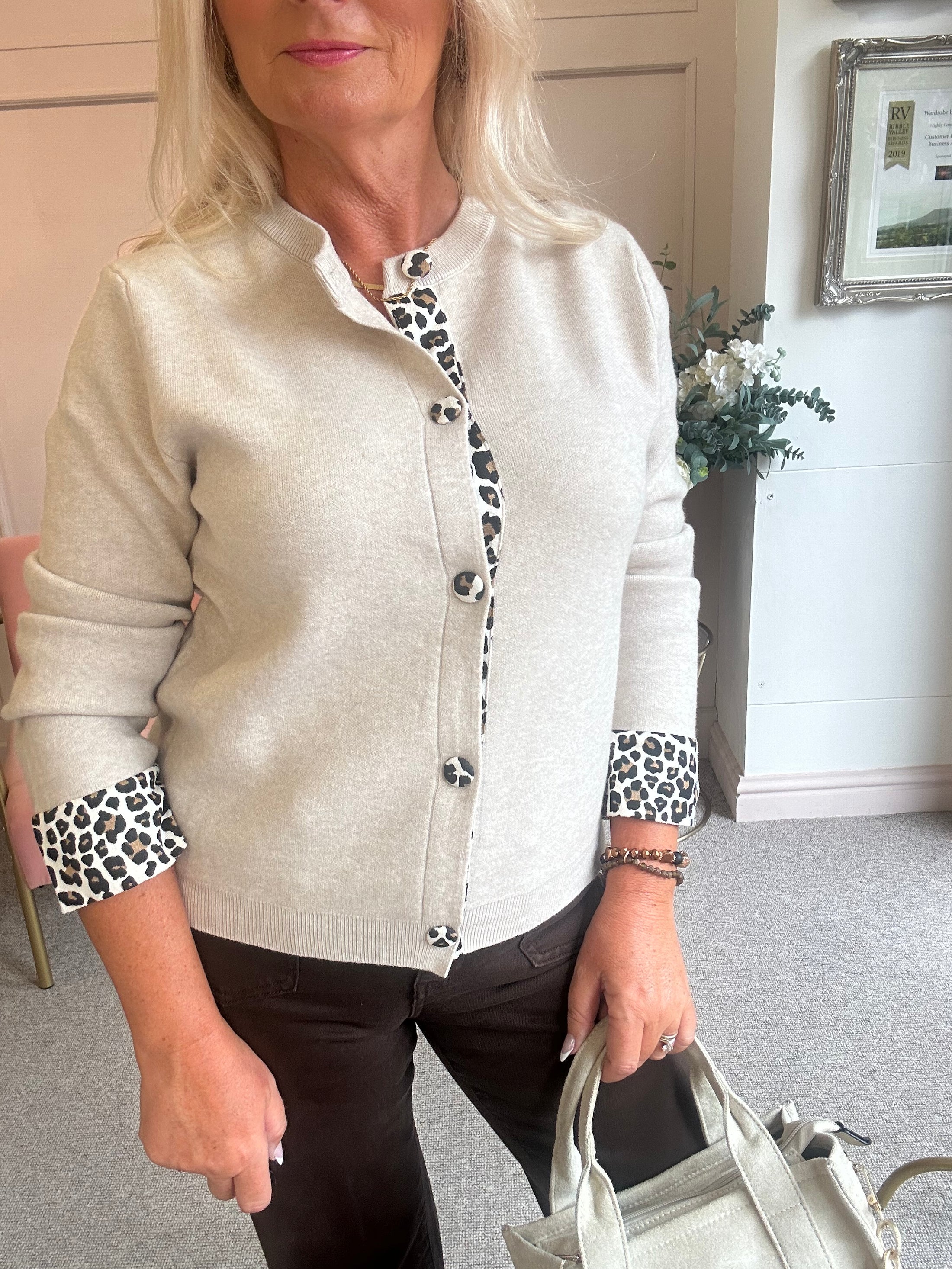 Leopard Edge Cardi Jacket - Oatmeal