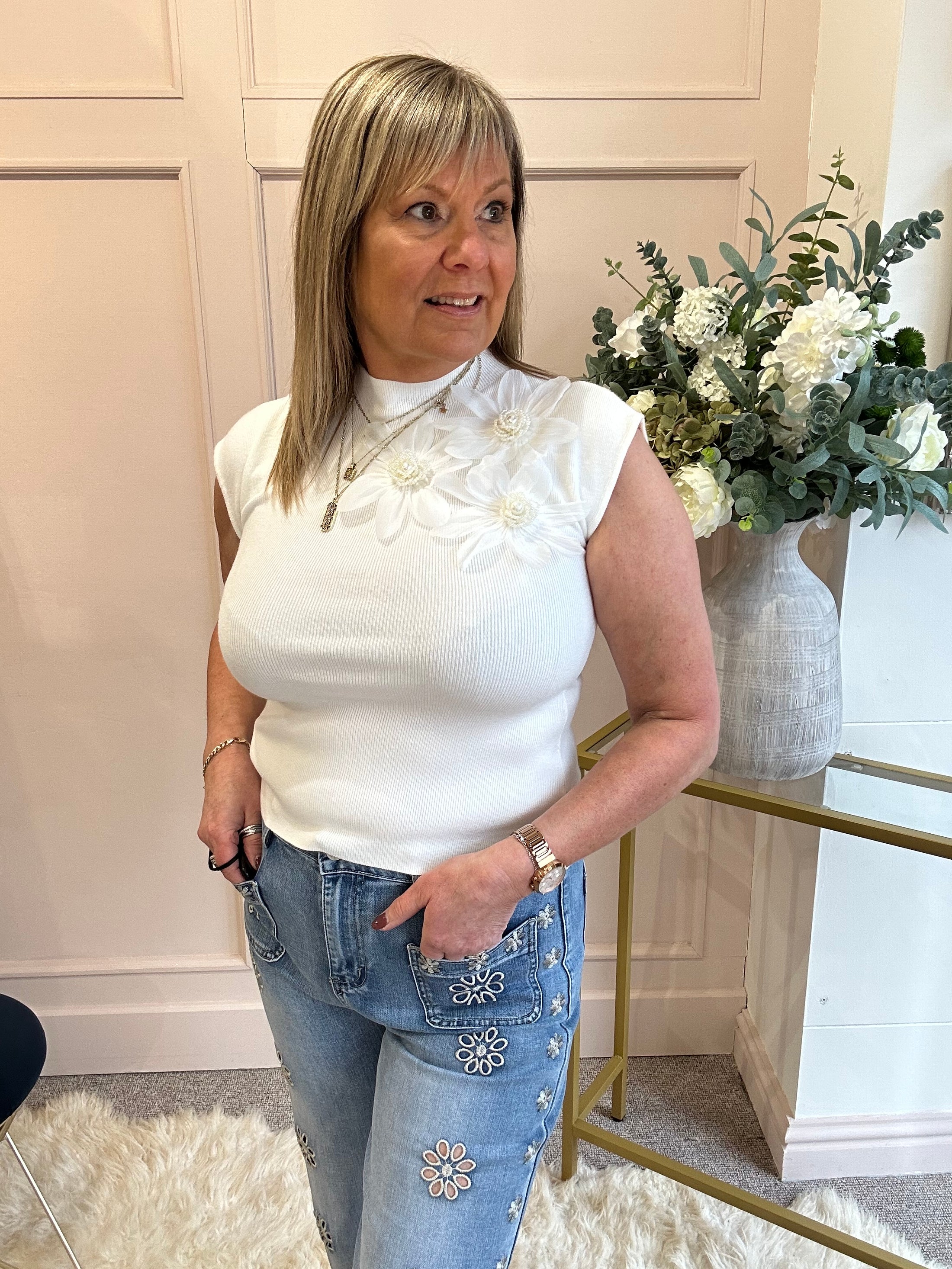 Flower Pearl Detailed Top  - White - Wardrobe By Simone