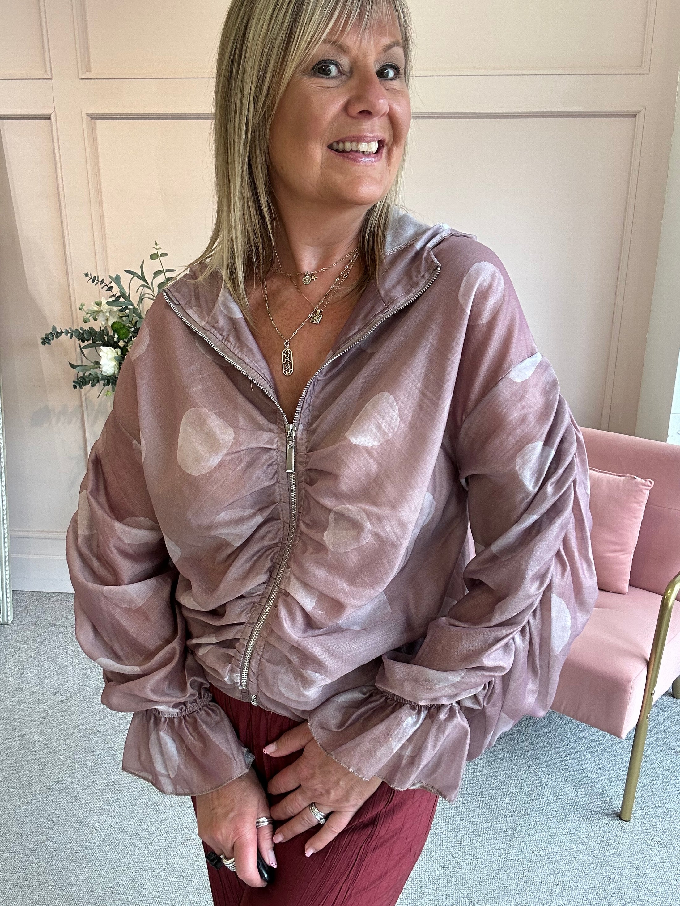 Bold Spot Zip Hoody Jacket - Dusky Pink/Pink