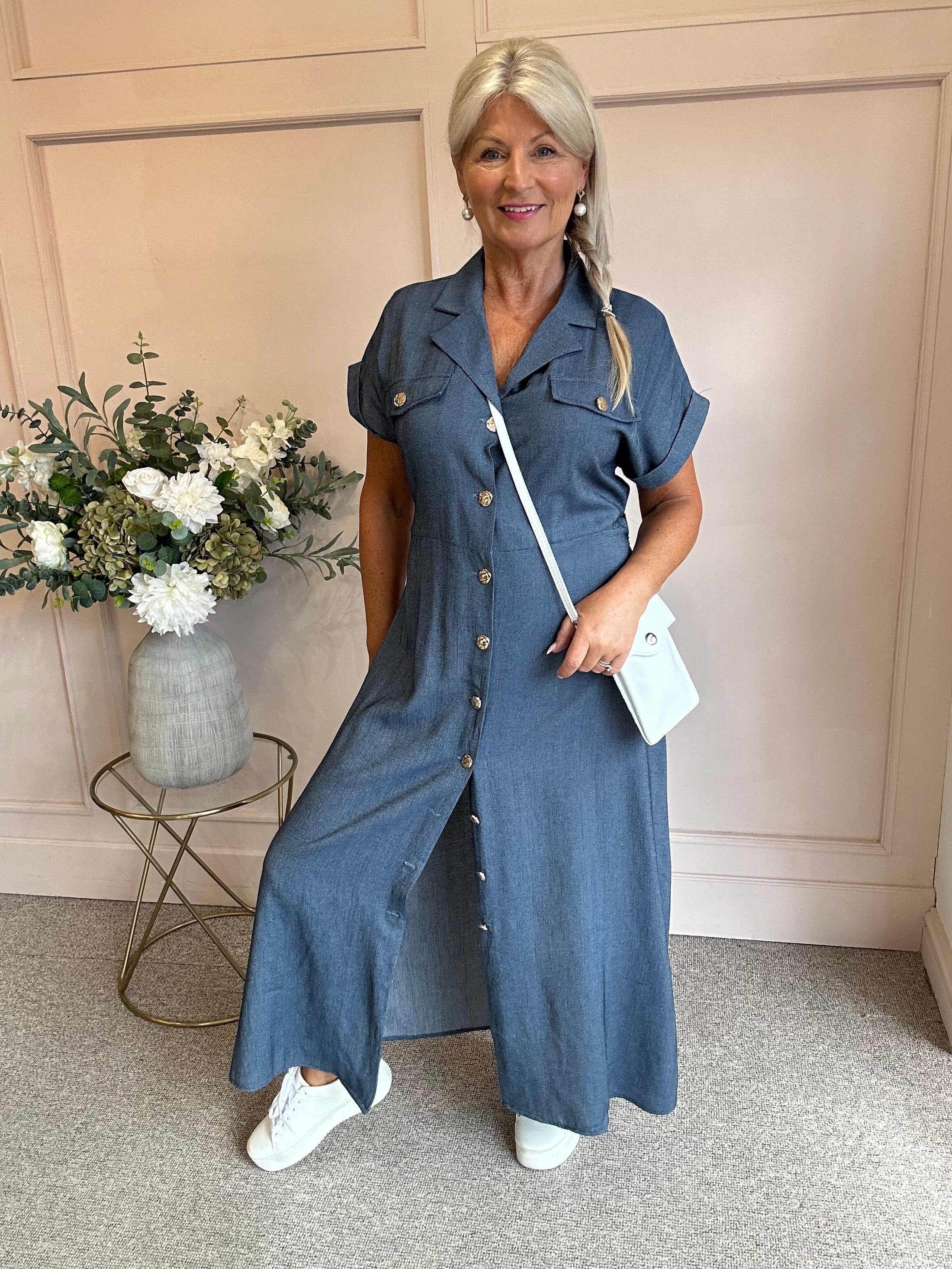 Gold Button Shirt  Dress - Denim Blue - Wardrobe By Simone