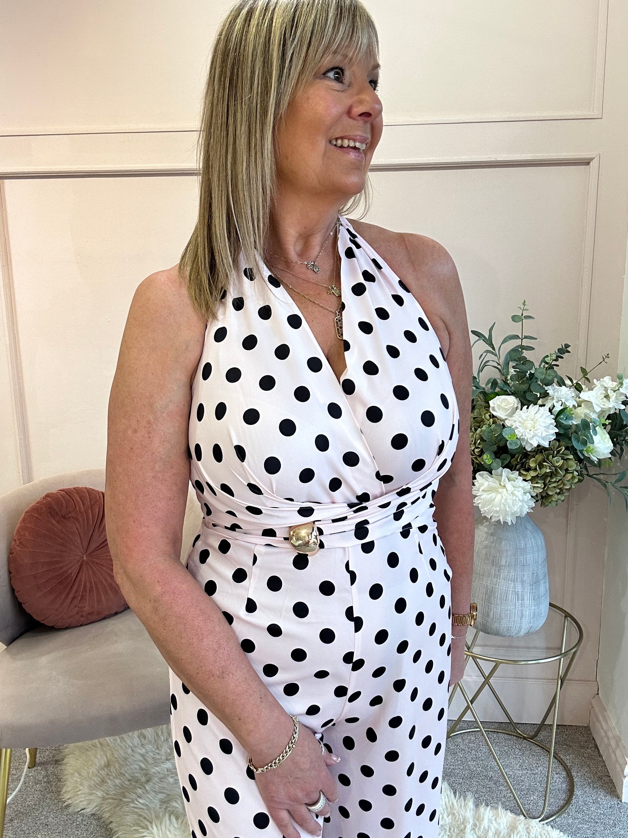 Halter Neck Polka Dot Jumpsuit - Soft Pink/Black - Wardrobe By Simone