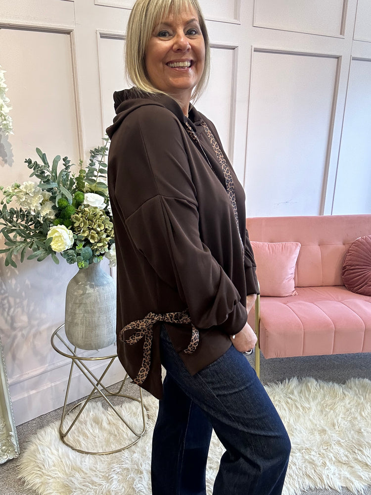 Cosy Leopard Tie Hoody  - Brown