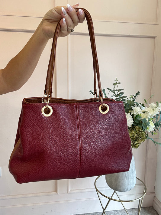 Two Tone Handbag - Burgundy/Tan - Wardrobe By Simone
