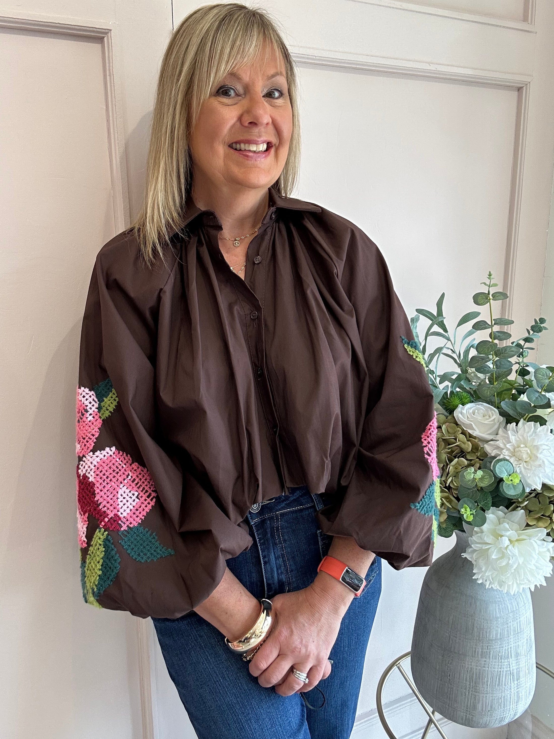 Floral Embroidered Sleeve Shirt - Brown