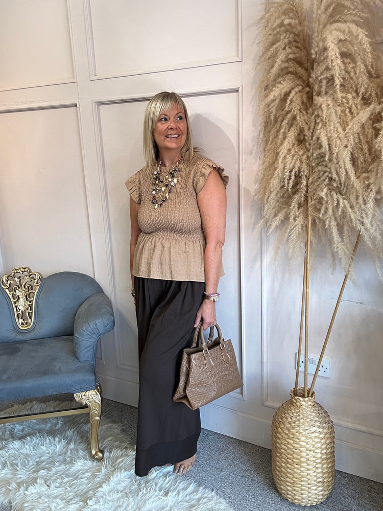 Ruched Bodice Peplum Top - Camel