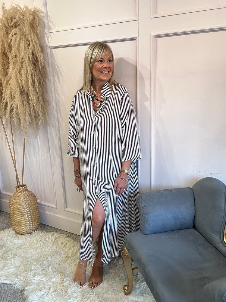 Striped Linen Maxi Shirt Dress - Brown/Cream