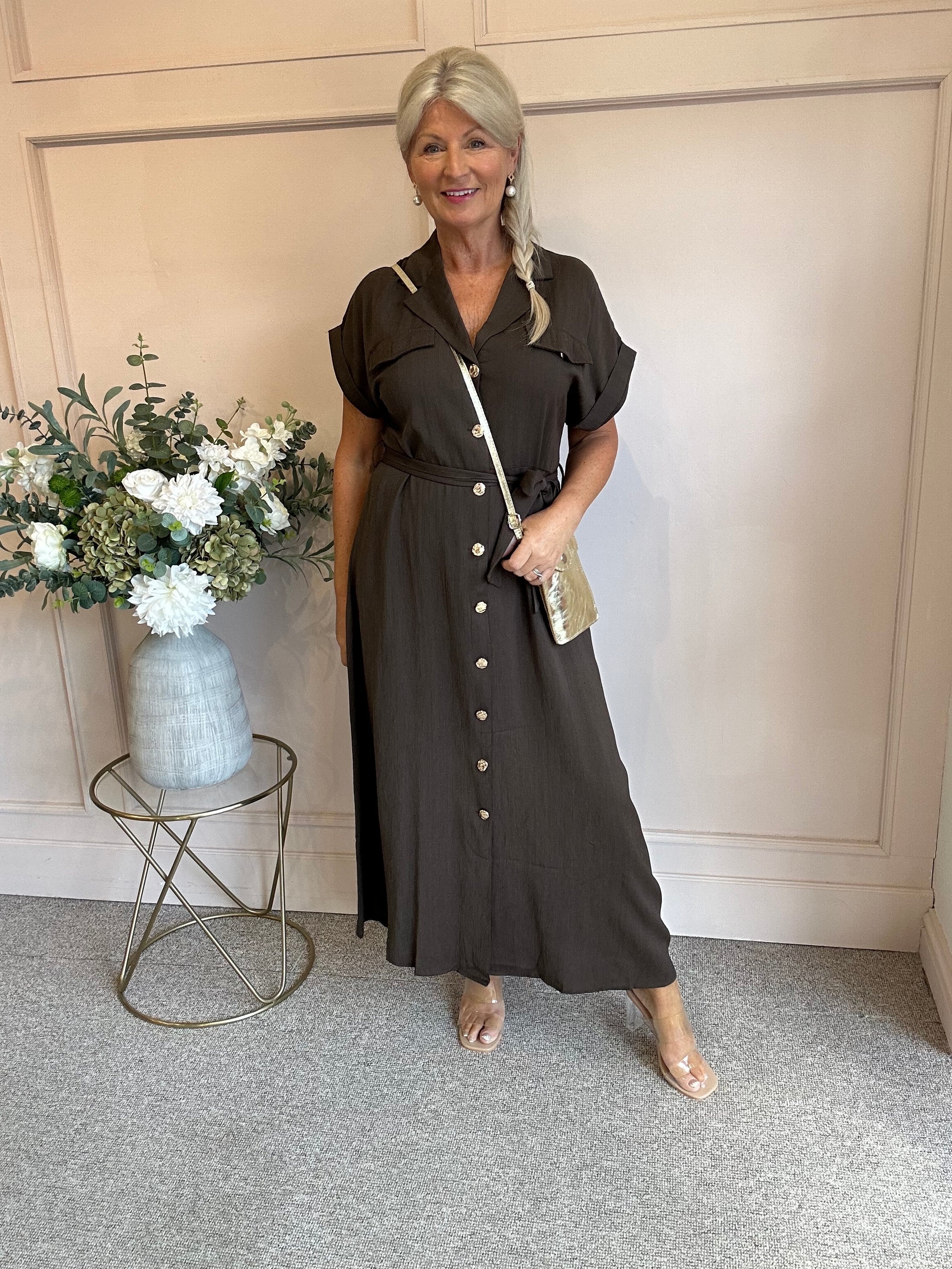 Gold Button Shirt  Dress - Brown - Wardrobe By Simone