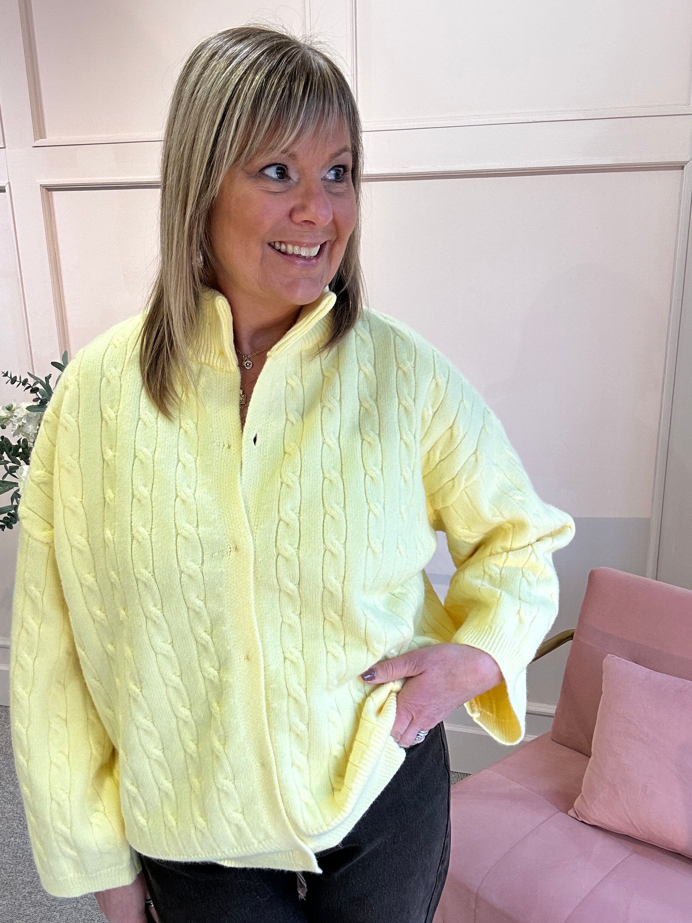 Cable Texture Pattern Cardigan - Lemon