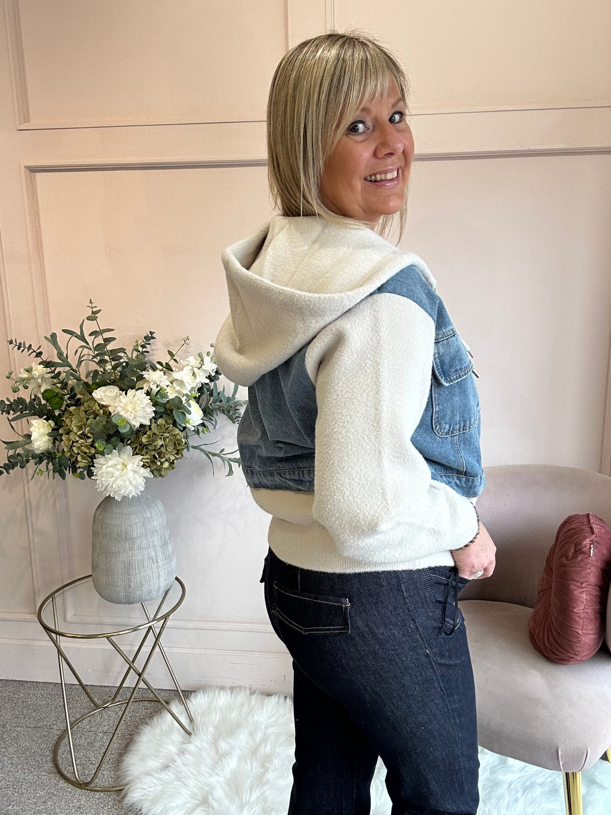 Hoody & Detail Zip Jacket - Cream/Blue