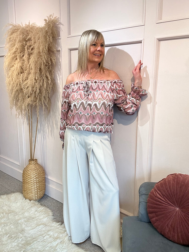 Ruffle Neck Swirl Print Blouse - Dusky Pink/Beige