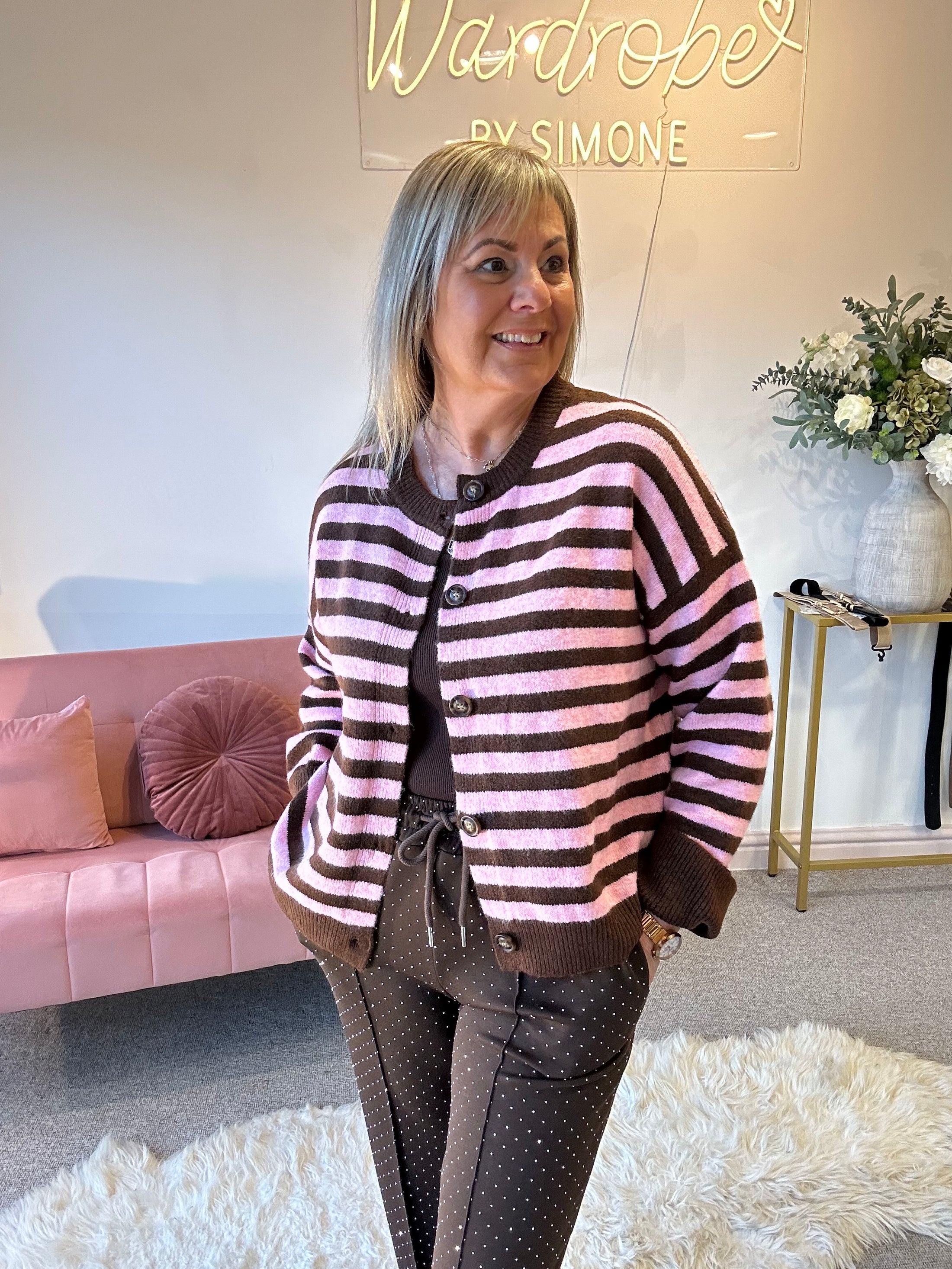 Fun Striped Button Cardigan -  Pink/Brown