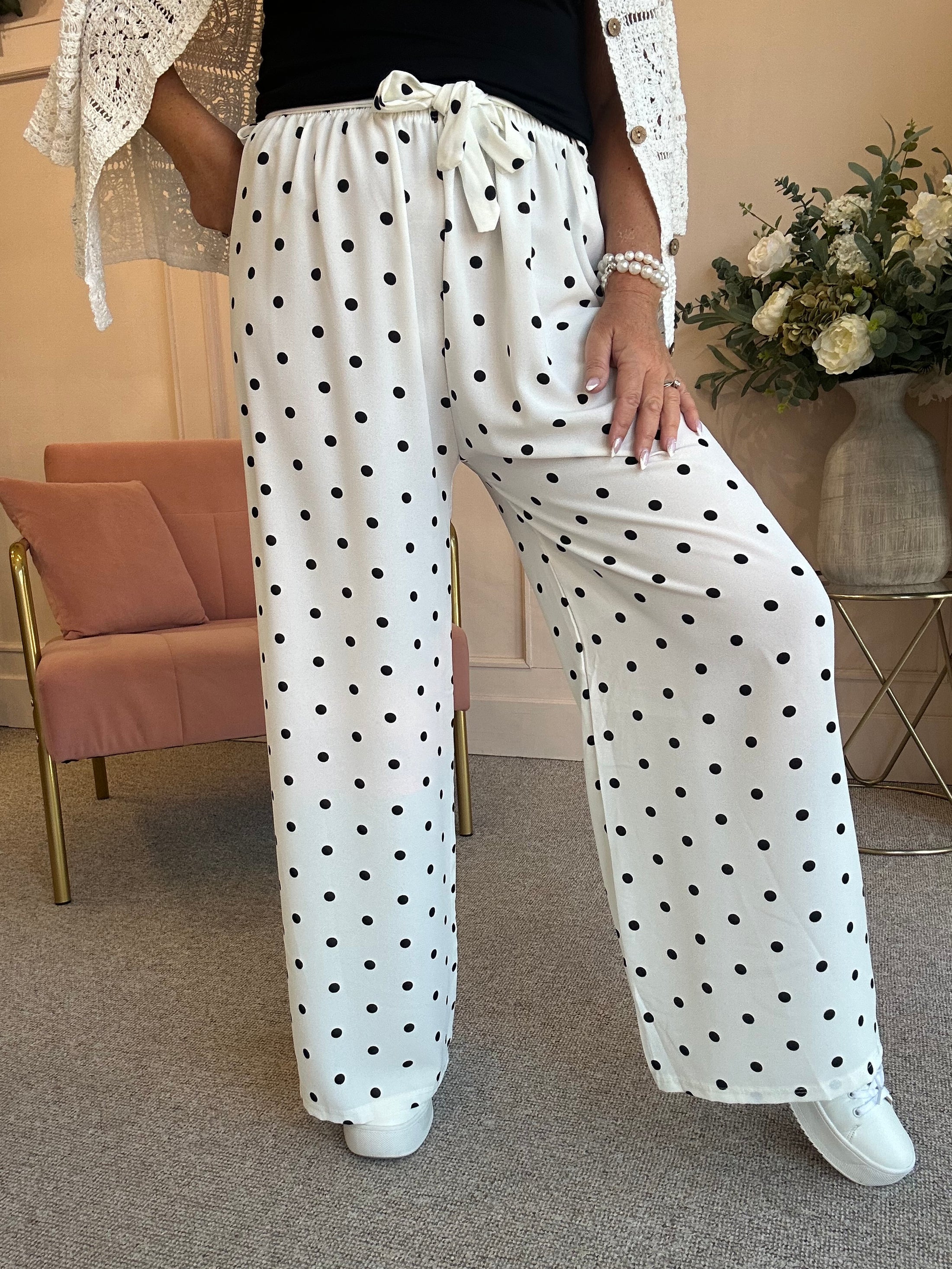 Polka Dot Tie Belt Pant - Off White/Black - Wardrobe By Simone