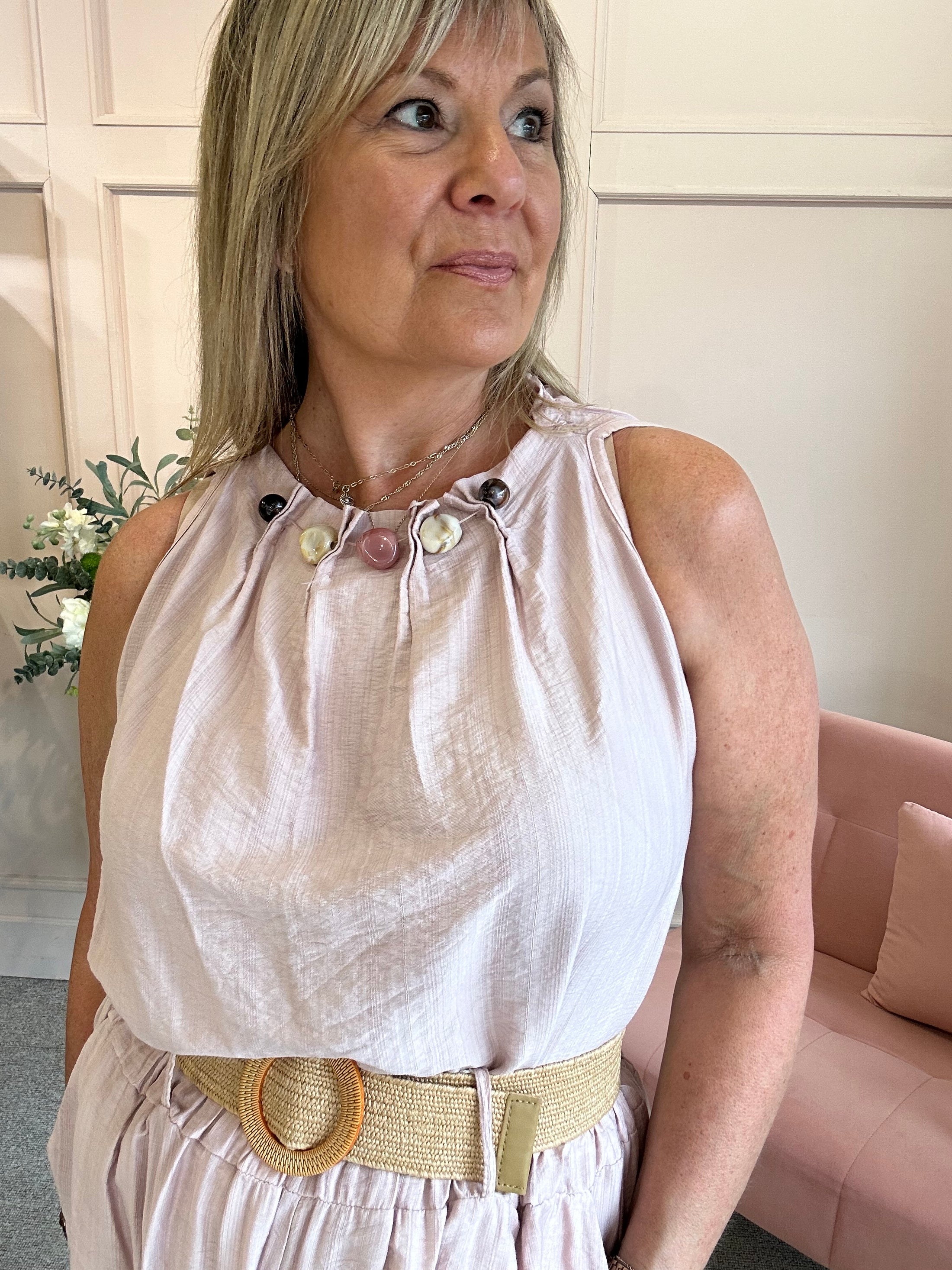 Ruched Neckline Sleeveless Top - Dusky Pink