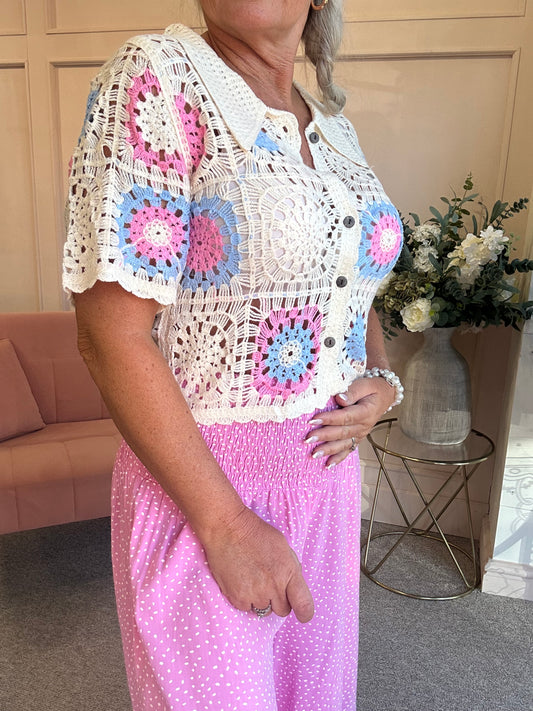 Crochet Collared Cardigan - Cream/Pink/Blue - Wardrobe By Simone