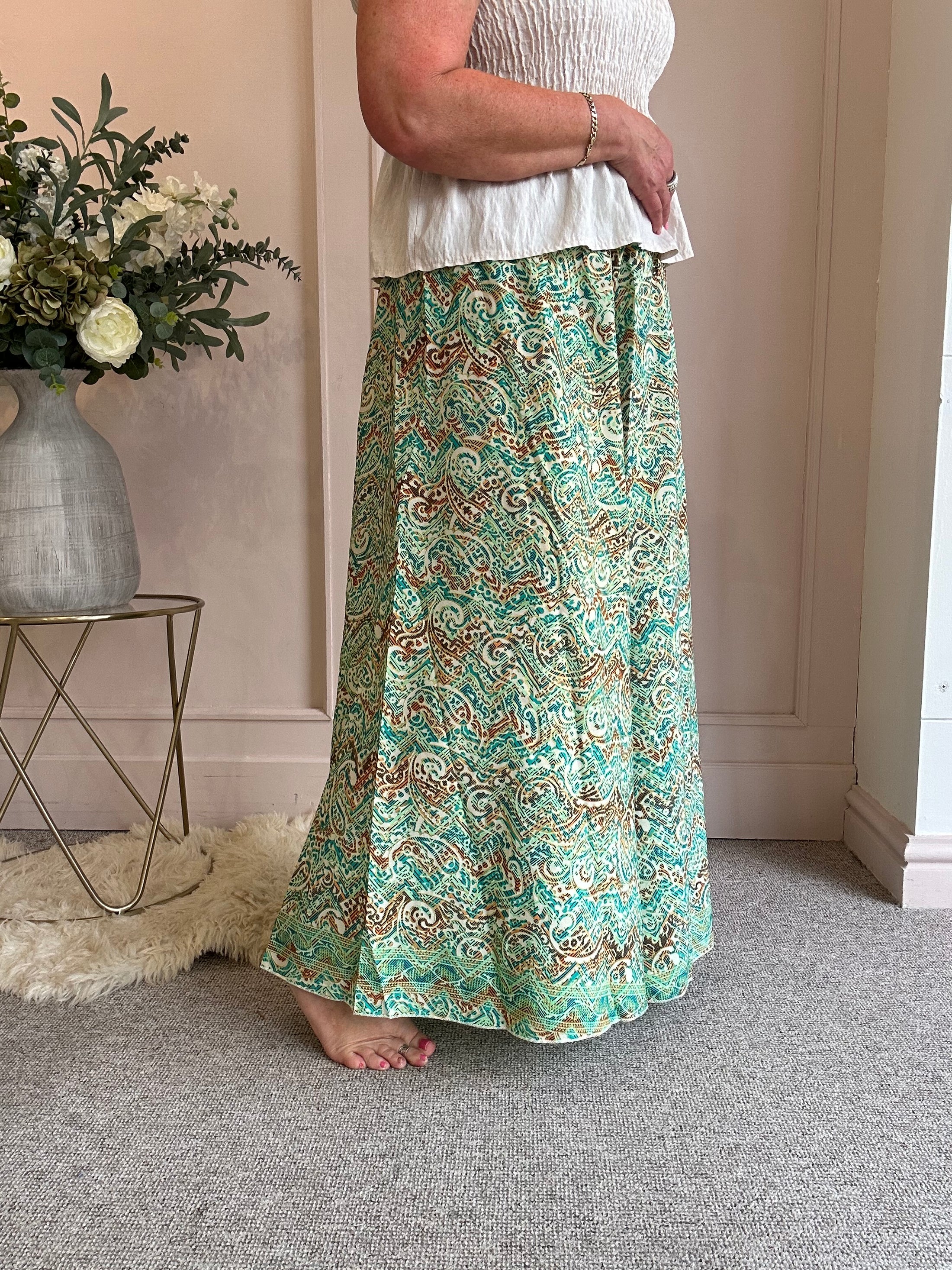 Paisley & Fleck Of Gold Wide Pant - Green - Wardrobe By Simone