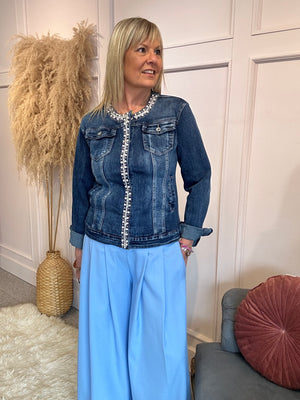 Pearl Embellished Denim Jacket - Dark Blue