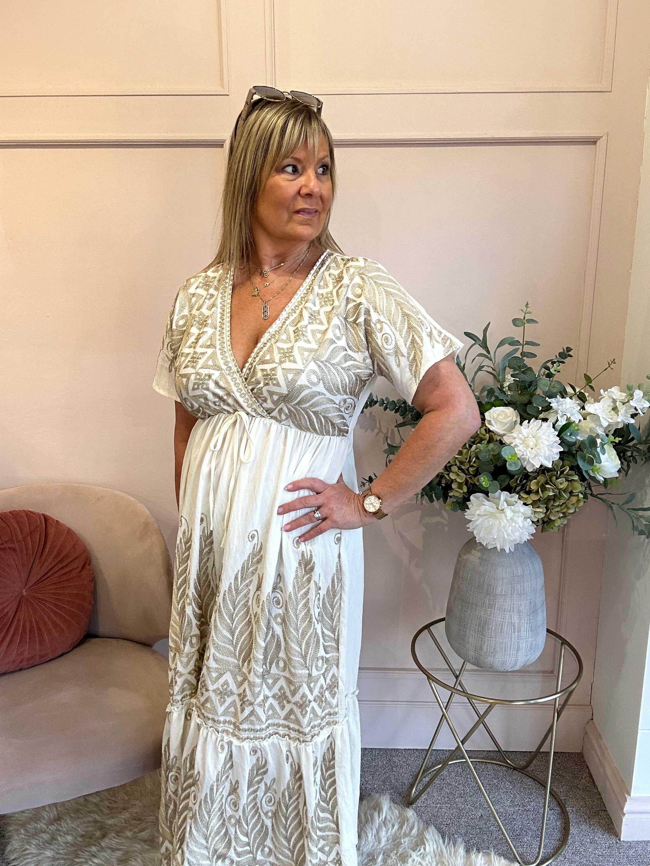 Gold Embroidered Maxi Dress - Soft Cream/Gold - Wardrobe By Simone
