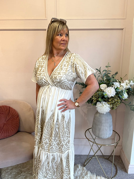 Gold Embroidered Maxi Dress - Soft Cream/Gold - Wardrobe By Simone