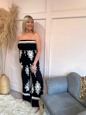 Strapless Damask Jumpsuit - Black/Cream