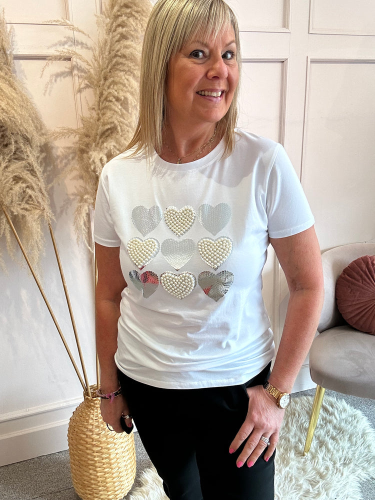 Pearl & Sequin Hearts T-Shirt - White
