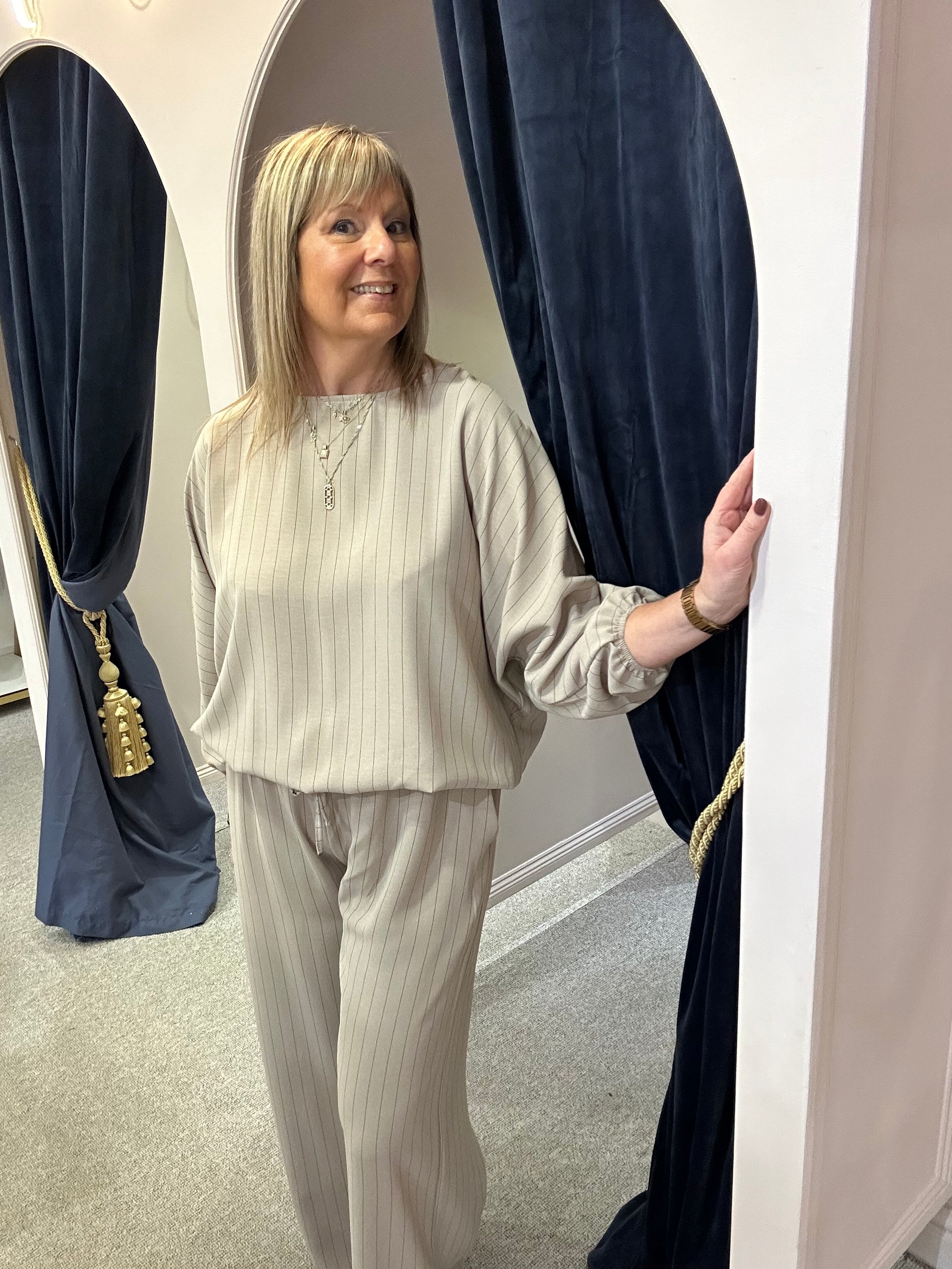 Pinstriped Batwing Top & Pant Set - Taupe/Brown - Wardrobe By Simone