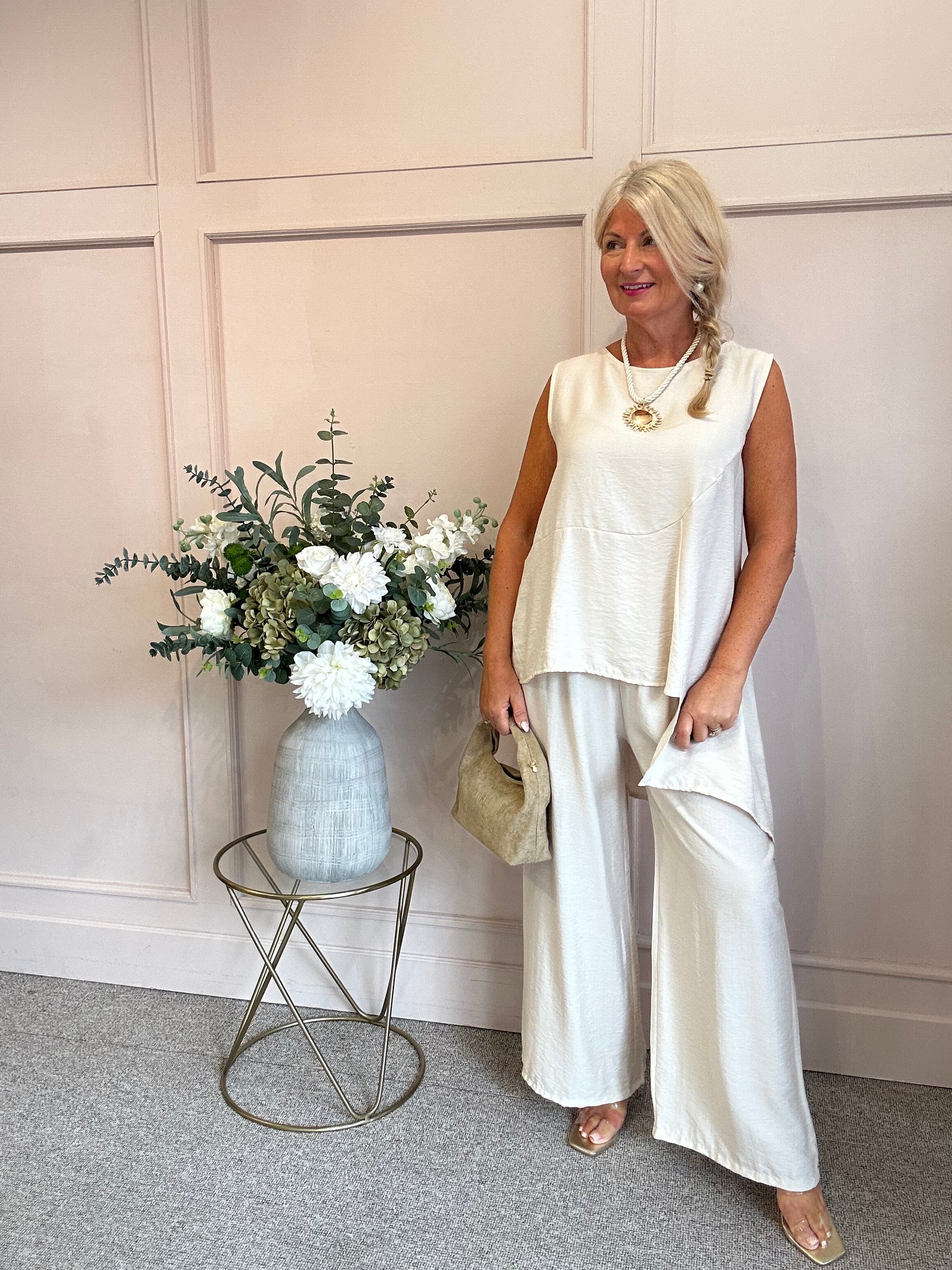 Sleeveless Asymmetrical Top & Pants Set - Cream One Size