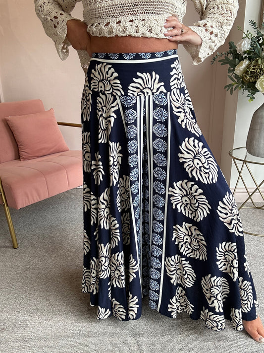Wide Patterned Culottes Pant - Navy/Cream - Wardrobe By Simone