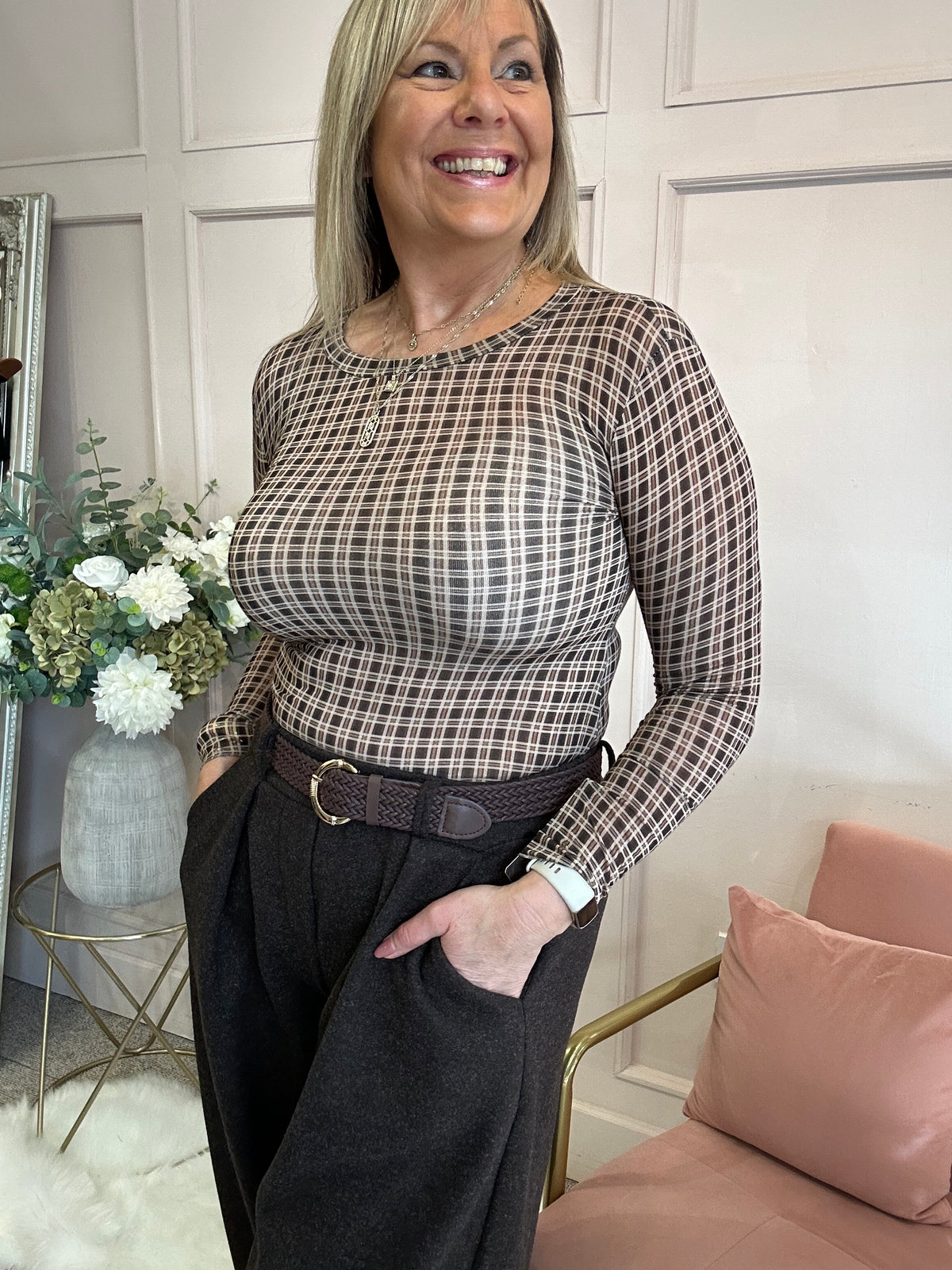 Checked Mesh Top - Brown/Beige