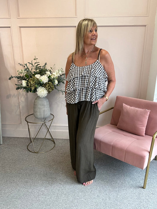 Ra-Ra Gingham Cami Top - Khaki/White